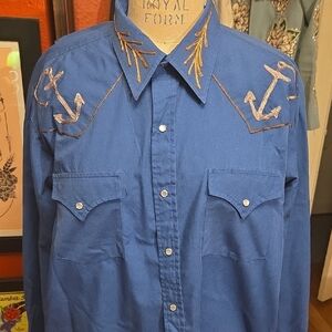 Navy Blue Western Dress Shirt with Anchor Embroidery